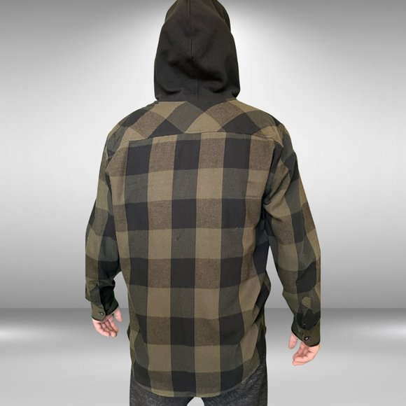 No Boundaries Men's Hooded Flannel Shirt Army Green and Black Checked - Picture 4 of 10